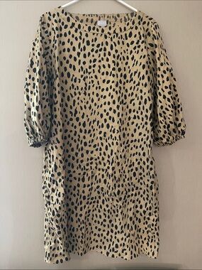 Chicos sz 2 large Leopard cheetah Print ruch Sleeve Shift Dress Black Tan pocket